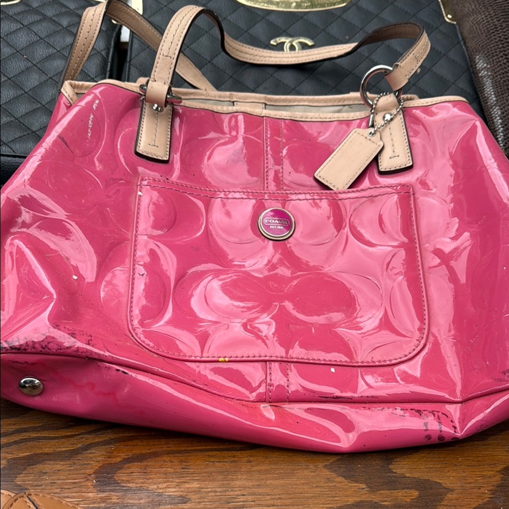 Coach Pink Patent Leather Shoulder Bag with Signature Embossing